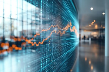 Futuristic virtual financial graph analysis modern office digital visualization urban environment eye-level view technology trends