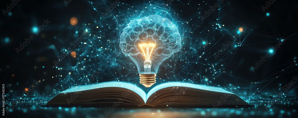 Poster ai and machine learning illustration, light bulb and virtual digital brain above an open book, symbo