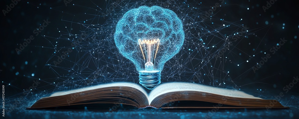 Poster AI and machine learning illustration, light bulb and virtual digital brain above an open book, symbolizing knowledge