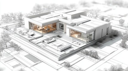 Detailed architectural plan of a contemporary one-story house, showcasing a well-designed layout with bedrooms, living spaces, and a central kitchen, photorealistic corporate