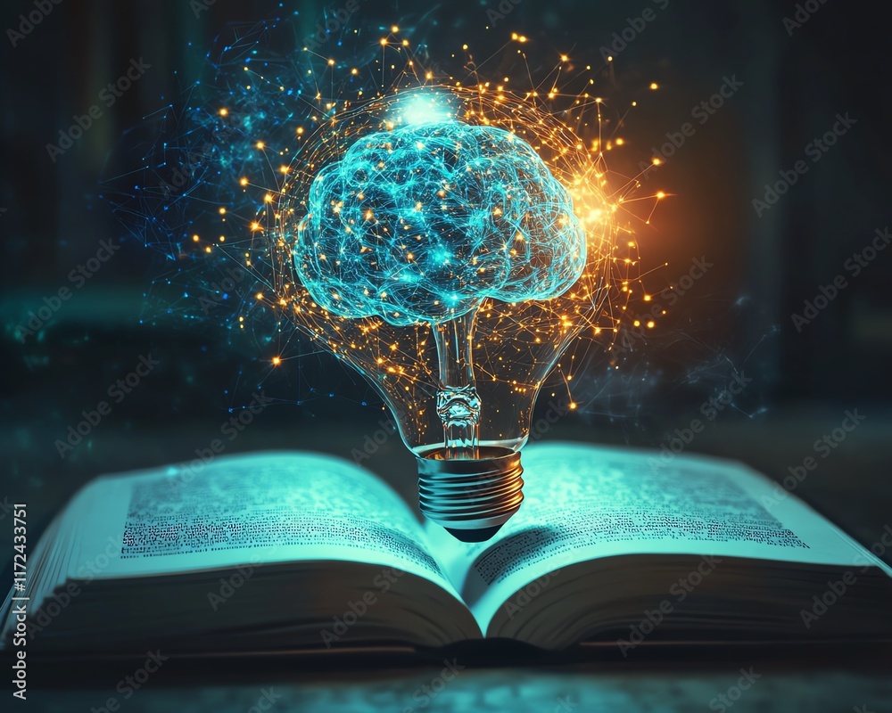 Leinwandbilder AI technology concept with a glowing light bulb representing artificial intelligence, and a virtual digital brain on an open book