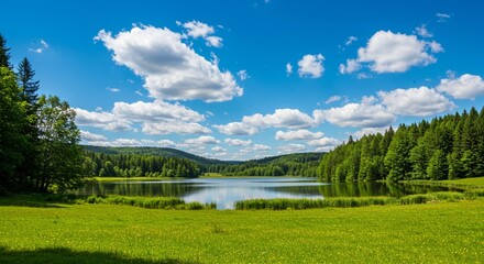 Obraz premium Nature background with green grass with tree leaves over sunny blue sky spring