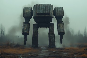 Rusty giant robot in a foggy wasteland.