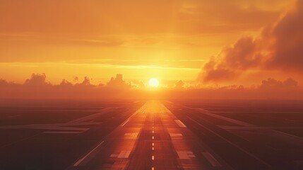 A peaceful airport runway stretching into the horizon, illuminated by the soft orange light of a radiant sunrise