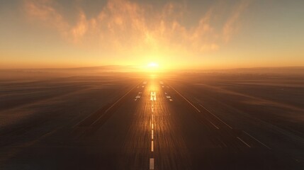 A peaceful airport runway stretching into the serene morning horizon, illuminated by the radiant light of sunrise