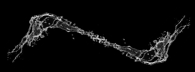 Obraz premium 黒背景に流れる透明な波と水しぶき