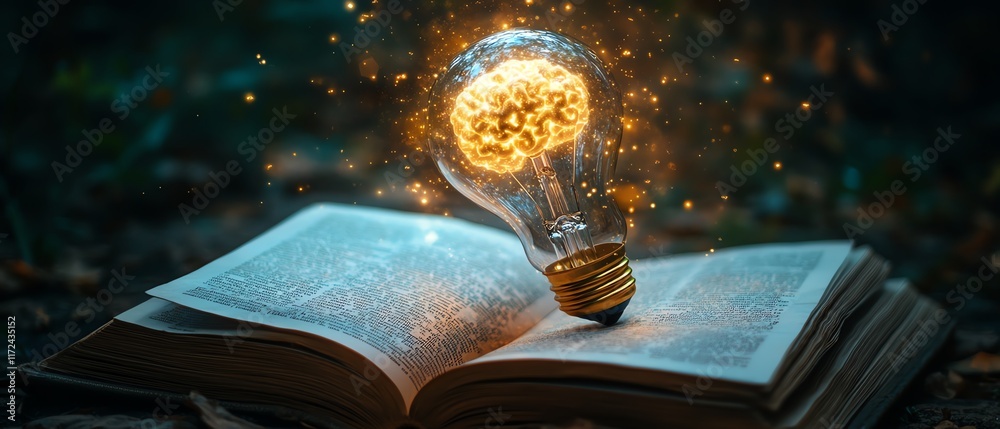 Leinwandbilder Artificial intelligence and machine learning visual, light bulb with virtual digital brain emerging from an open book