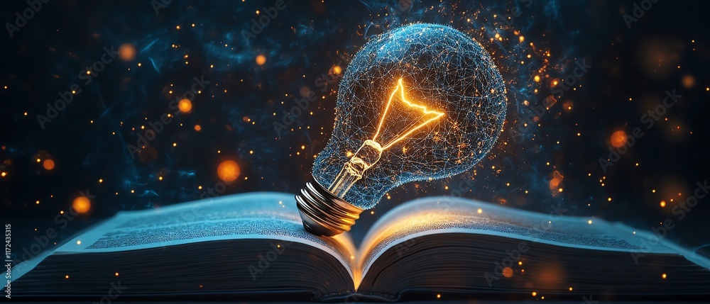 Fototapete Artificial intelligence and machine learning visual, light bulb with virtual digital brain emerging from an open book
