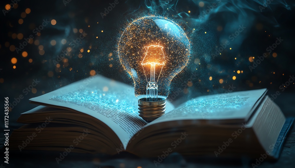 Poster Artificial intelligence concept with a light bulb and digital brain on an open book, merging science and technology