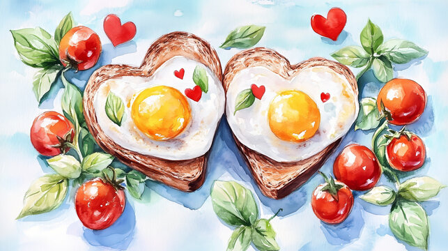 Valentine's Day breakfast concept with heart-shaped toast, fried eggs, fresh cherry tomatoes, basil leaves on colorful artistic background, food-themed greeting cards, posters, romantic menu