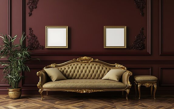 Elegant gold sofa in maroon room. Interior design mockup.