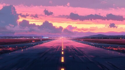 A tranquil morning at an airport, with the runway glowing in golden sunrise hues and the sky painted in soft pinks