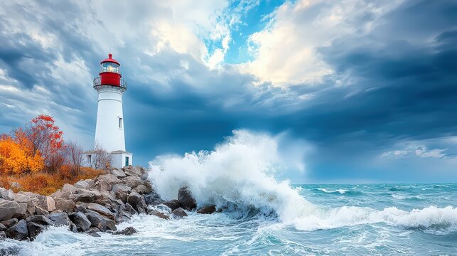 Marblehead Lighthouse framed by rugged rocks and crashing waves under a dramatic cloudy sky