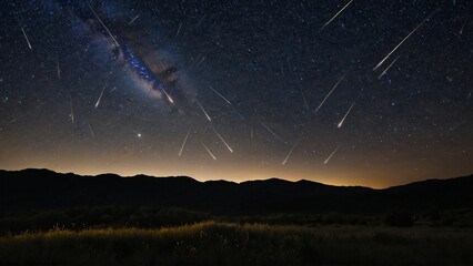 The beauty of a meteor shower on a starry night, showcasing a breathtaking celestial display as shooting stars cascade across the dark sky
