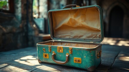Empty vintage suitcase in ancient building; travel, adventure.