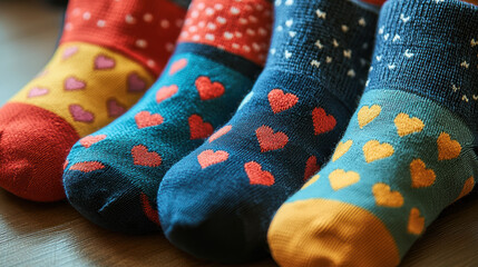Colorful socks with heart patterns create playful and cozy vibe. Perfect for Valentine Day or casual wear