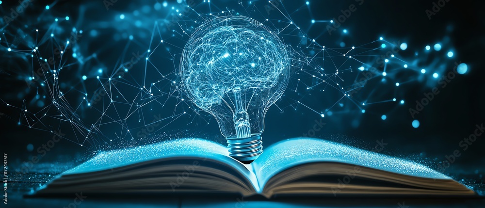 Poster Concept of AI and machine learning, light bulb and digital brain on an open book, showcasing advanced technology