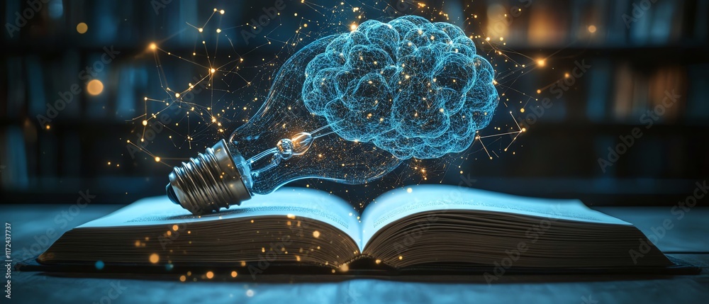 Poster Concept of AI and machine learning, light bulb and digital brain on an open book, showcasing advanced technology