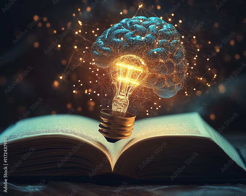 Poster Digital brain and light bulb symbols representing artificial intelligence on an open book, symbolizing innovation