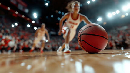 Female basketball player dribbling on the court, her fierce focus illuminated by bright arena lights, showing energy and skill