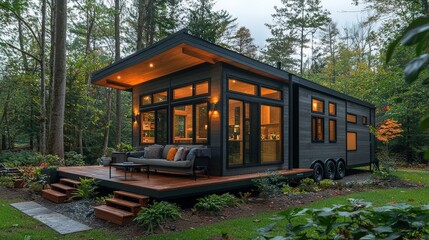 Modern tiny home with a sleek, minimalist exterior, set in a serene countryside, featuring compact living spaces and large windows, photorealistic corporate