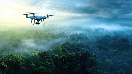 A photostock of a high-tech drone flying over a dense green forest in sunlight