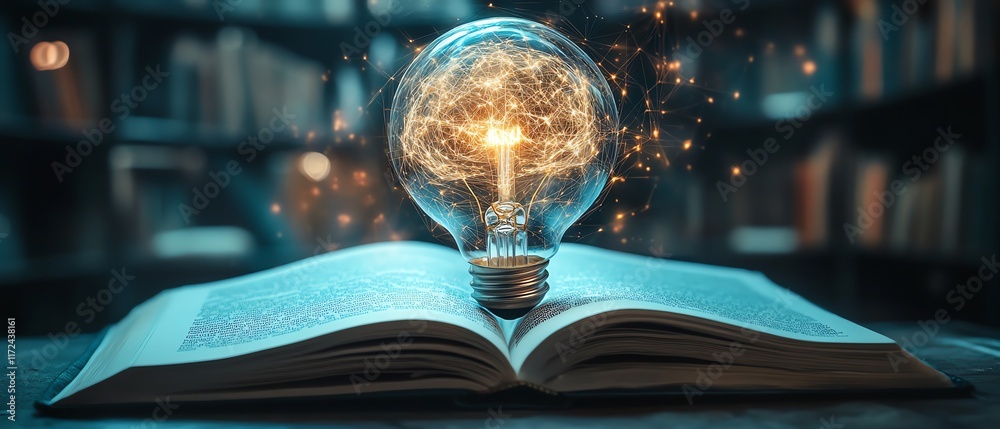 Poster Concept of AI and machine learning, light bulb and digital brain on an open book, showcasing advanced technology