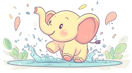 Naklejka premium A baby elephant with a playful expression splashing water, light pastel tones decorating the scene, minimalist white background, kawaii-inspired style, hd rendering, soft and inviting textures.