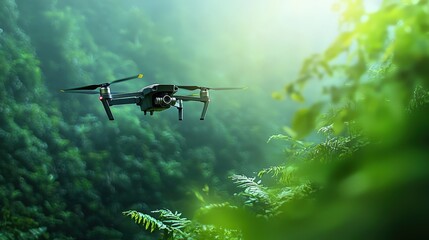 Naklejka premium A photostock of a high-tech drone flying over a dense green forest in sunlight