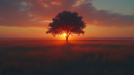 Obraz premium Solitary tree silhouetted against a vibrant sunset over a misty field.