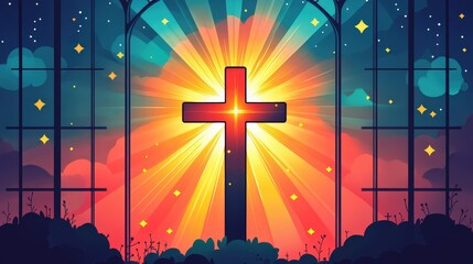 Simple Christian clipart of a cross with rays of light shining through, ideal for creating inspirational church visuals, religious education materials, and more