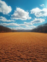 Fototapeta premium Expansive golden field under a bright blue sky with fluffy clouds.