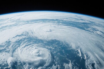 remote sensing satellite technology Concept. Aerial view of Earth showcasing swirling clouds and a cyclone over the ocean.