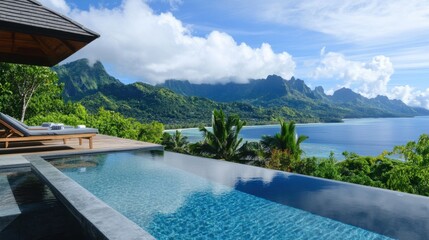 Obraz premium A luxurious infinity pool on a villa terrace, seamlessly blending into panoramic views of a tropical paradise