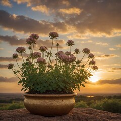 Trifolium clusii in a decorative pot, set against a stunning golden hour sky, with light clouds drifting by.