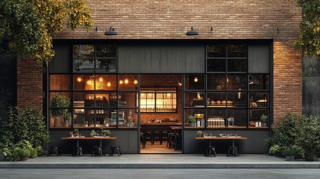Urban fast food restaurant exterior with a trendy industrial design, clean brick walls, and large windows, ample space in the foreground for copy text