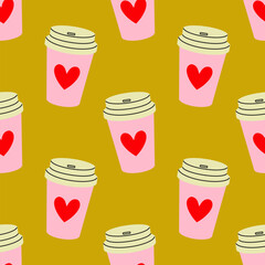 Coffee cups with hearts in a playful pattern on a vibrant yellow background