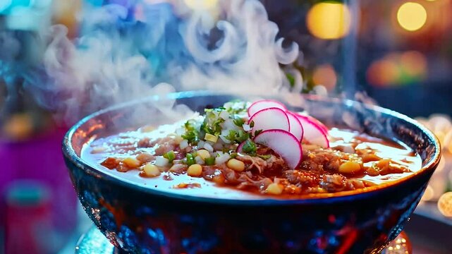 A vibrant and steaming bowl of traditional pozole soup garnished with fresh radish slices, cilantro, and lime. This flavorful Mexican dish is brimming with hominy, tender meat, and rich, aromatic 