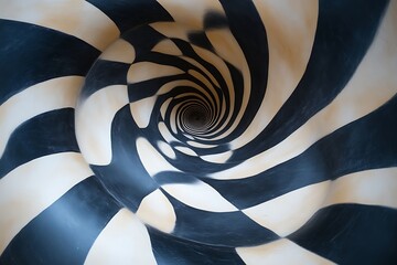 Abstract swirling black and white tunnel.