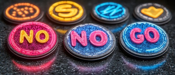 Neon 'No Go' decision buttons on dark surface. Business concept image