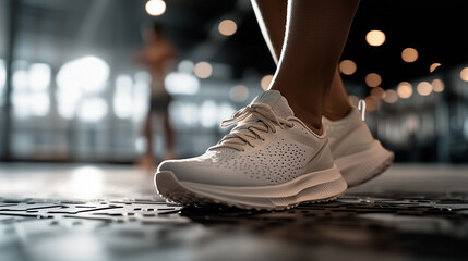 A pair of women’s running shoes on a gym floor, surrounded by diffused lighting, emphasizing focus, readiness, and dedication