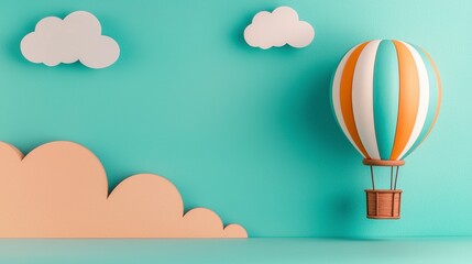 Colorful Hot Air Balloon with Clouds on a Mint Background