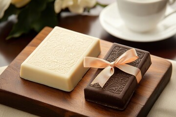 Artisanal Chocolate Bars with Embossed Patterns and Satin Bows