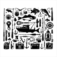 Set of fishing elements vector. Equipment of fisherman and fishing icons set. Fishing elements silhouette vector art illustration