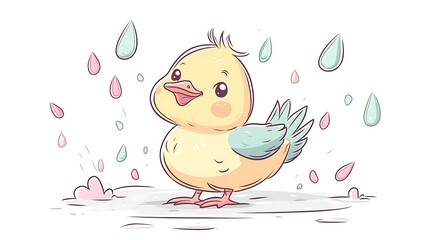 A cheerful duckling waddling with pastel raindrops falling around it, soft pastel tones, clean white background, minimalistic hand-drawn line style, kawaii aesthetic, hd quality,