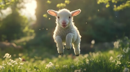 Cheerful young lamb jumping in the air