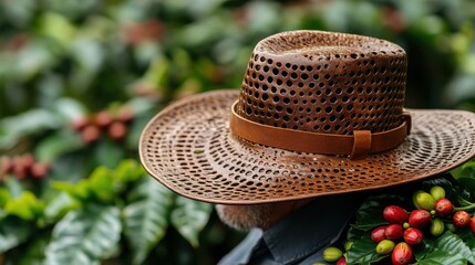 Farmer's hat in coffee plantation, harvest time.