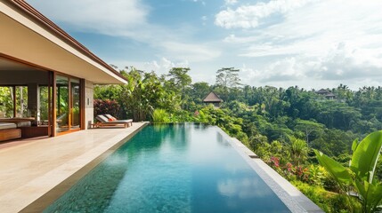 Fototapeta premium A modern villa terrace featuring a sleek pool surrounded by vibrant greenery and panoramic tropical views