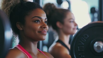 Fototapeta premium Two young women exercising with weights in gym environment