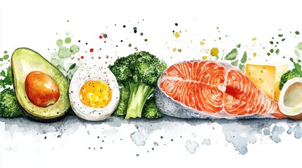 Watercolor set of Healthy eating food,Ketogenic, keto diet concept,painting with olive oil, meat, fish, bacon, avocado,Ketogenic diet food,copy space.